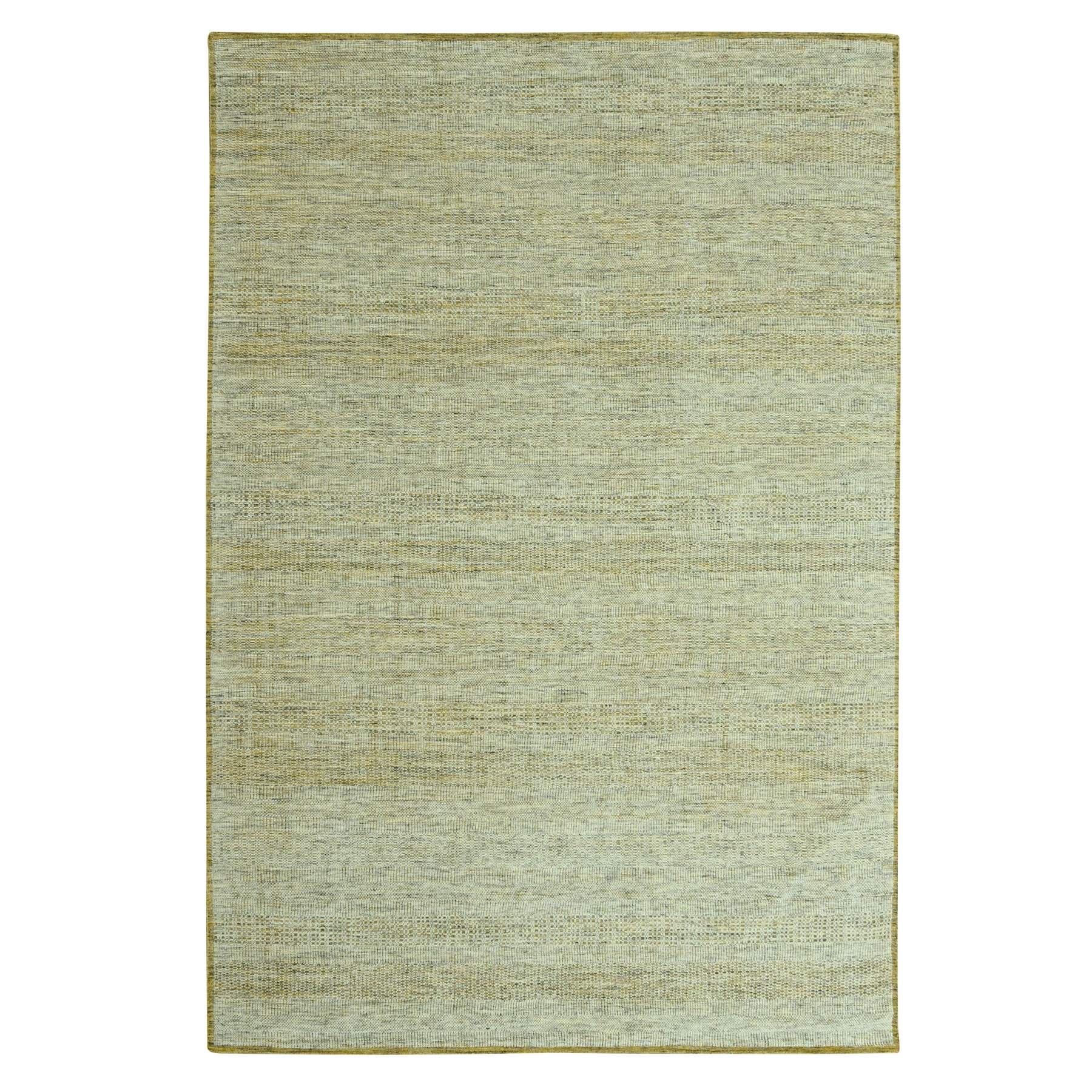 Mustard Yellow, Oxidized and Distressed Grass Design with Exposed Warps, 100% Wool, Hand Knotted, Oriental Rug 